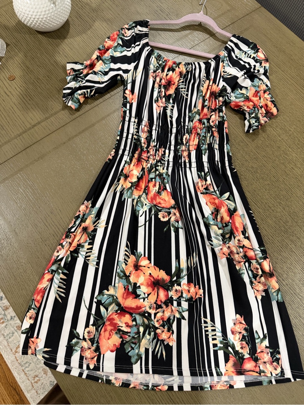 Vine & Love Black and White Striped Floral Off-Shoulder Top